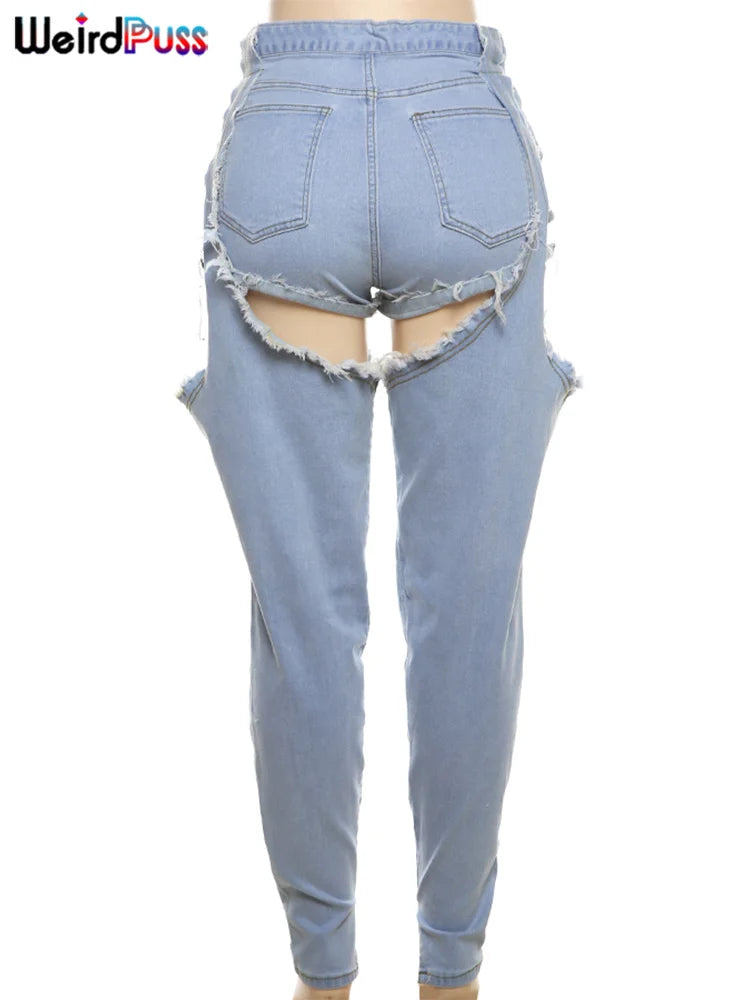Weird Puss Ripped Denim Pants Women Hollow Hipster Summer Trend High-Waist Jeans Trousers Wild Streetwear Pocket Skinny Bottoms
