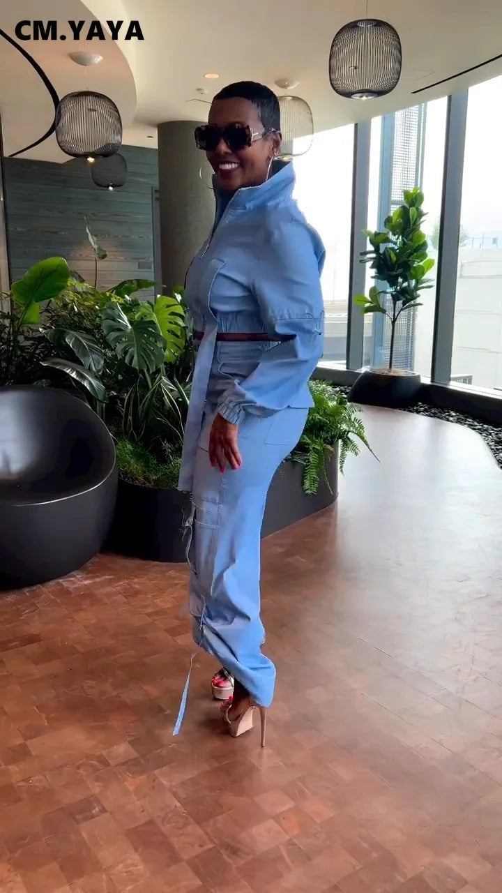 CM.YAYA Fashion Women's Set Long Sleeve Zipper Fly Track and Tie Up Hem Pocket Side Cargo Pants Suit 2024 Two 2 Piece Set Outfit