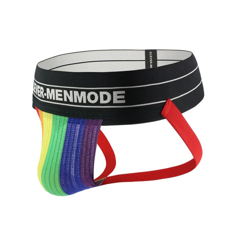 CLEVER-MENMODE Men Sexy Jockstrap Thongs Underwear Lingerie Underpants Bikini G String Wide Waist Band Panties Rainbow Pride