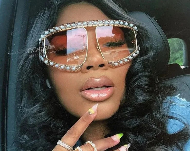 45448 Goggles Sunglasses Women Luxury Shades Pearl Glasses Frame Red Mirror Glasses Oversized UV400 Brand Glasses Female