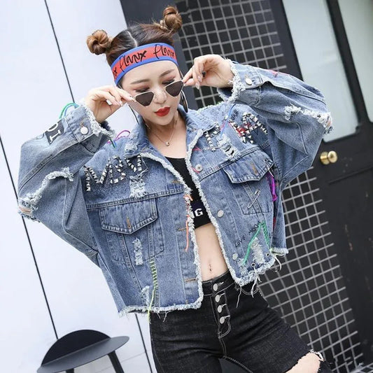 Autumn Fashion Letter Print Frayed Hole Jeans Jacket Heavy Work Beaded Fringe Women Loose Short Denim Jacket Casual Streetwear