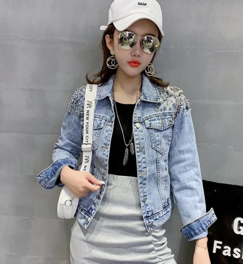 2020 fashion beaded Three-dimensional flowers denim jacket women turn down collar long sleeve Slim jeans jacket r513