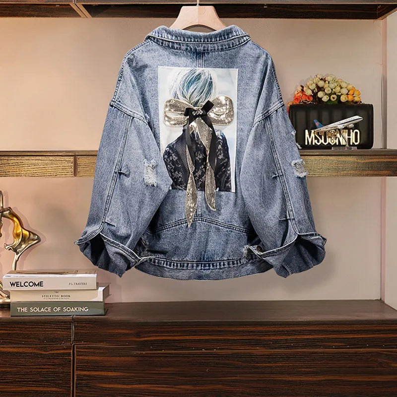 Women's Cotton Cowboy Coat 2022 Spring Autumn New Fashion Loose Denim Jacket Casual Printing Jeans Outerwear Top Female 5XL