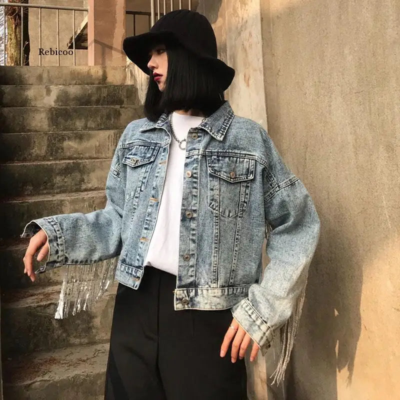 Jean Jacket Woman Fringed Sequined Denim Jacket 2021 Spring New Retro BF Loose Short Jeans Jacket Top Chaquetas Jackets