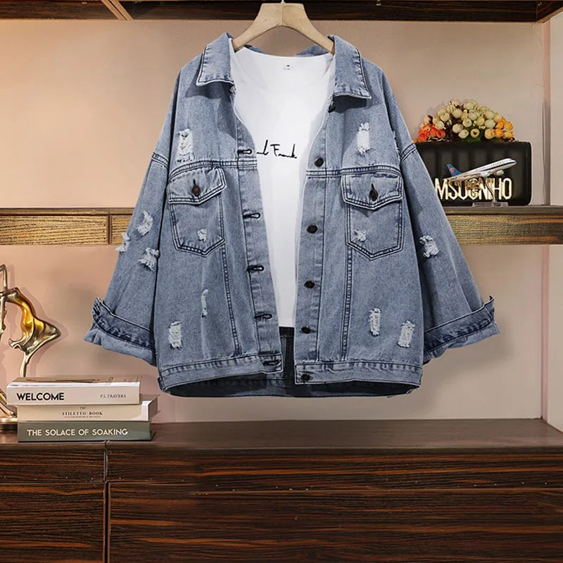 Women's Cotton Cowboy Coat 2022 Spring Autumn New Fashion Loose Denim Jacket Casual Printing Jeans Outerwear Top Female 5XL