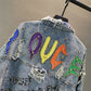 Manual Beaded Diamond Letter Graffiti Print Women Denim Jacket Spring Autumn 2023 Blue Short Hole Jean Jacket Casual Veste Femme