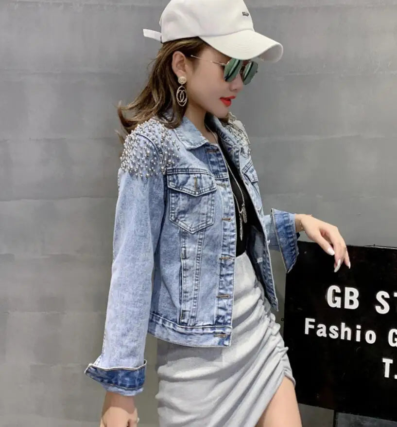 2020 fashion beaded Three-dimensional flowers denim jacket women turn down collar long sleeve Slim jeans jacket r513