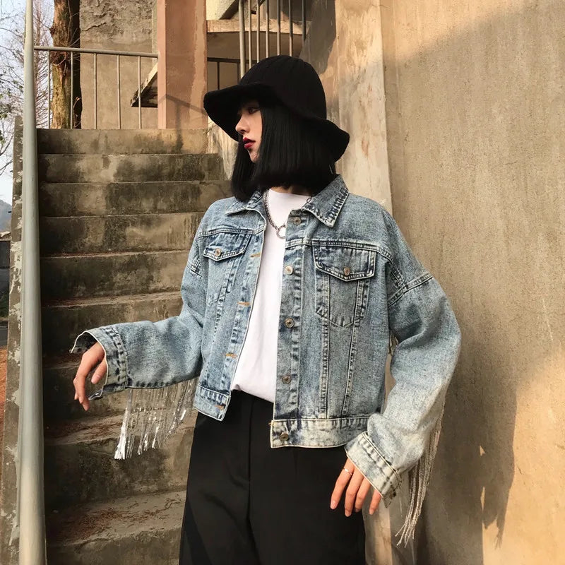 Women's Denim Jacket Coat Streetwear Female Denim Jacket Women Jean Jackets Outerwear Hot Fringed Rivet Denim Jacket Girl