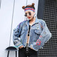 Autumn Fashion Letter Print Frayed Hole Jeans Jacket Heavy Work Beaded Fringe Women Loose Short Denim Jacket Casual Streetwear