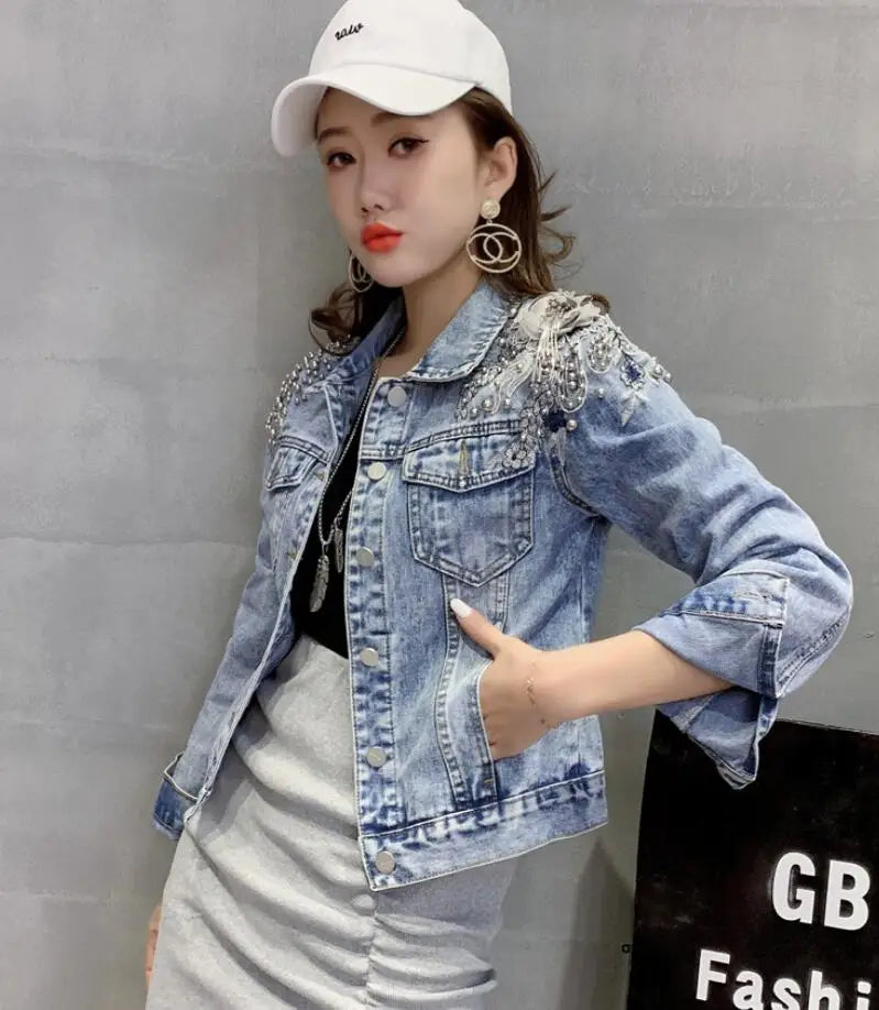 2020 fashion beaded Three-dimensional flowers denim jacket women turn down collar long sleeve Slim jeans jacket r513