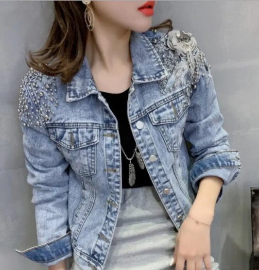 2020 fashion beaded Three-dimensional flowers denim jacket women turn down collar long sleeve Slim jeans jacket r513