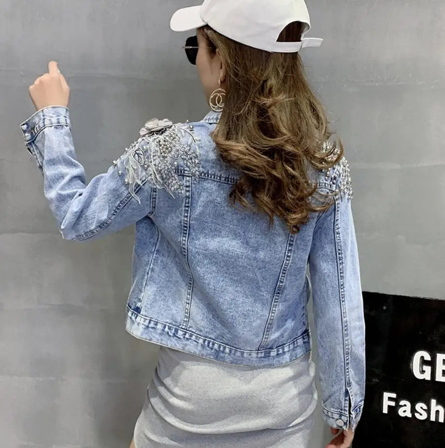 2020 fashion beaded Three-dimensional flowers denim jacket women turn down collar long sleeve Slim jeans jacket r513