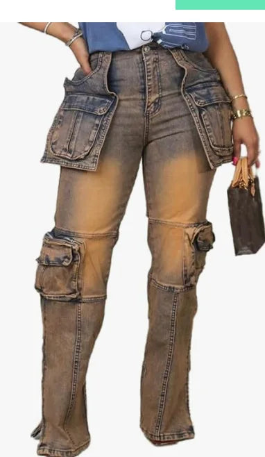Vintage Washed Distressed Women Jeans Ankle Length Spliced Cargo Pants Denim Pockets High Waist Streetwear Loose Fit 2024