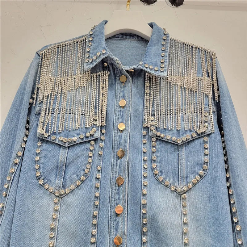 Spring Women Diamonds Beaded Tassels Denim Jacket Rivets Fringed Chain Jean Coat Rhinestone Bomber Cardigan Crystal Outwear Tops