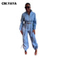 CM.YAYA Fashion Women's Set Long Sleeve Zipper Fly Track and Tie Up Hem Pocket Side Cargo Pants Suit 2024 Two 2 Piece Set Outfit