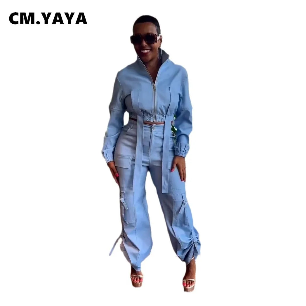 CM.YAYA Fashion Women's Set Long Sleeve Zipper Fly Track and Tie Up Hem Pocket Side Cargo Pants Suit 2024 Two 2 Piece Set Outfit