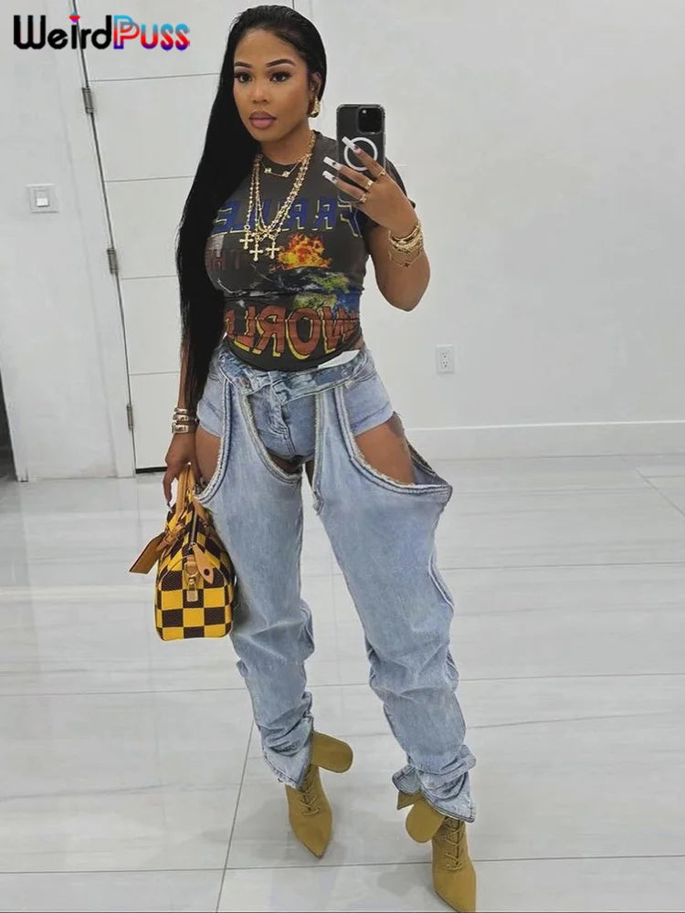Weird Puss Ripped Denim Pants Women Hollow Hipster Summer Trend High-Waist Jeans Trousers Wild Streetwear Pocket Skinny Bottoms