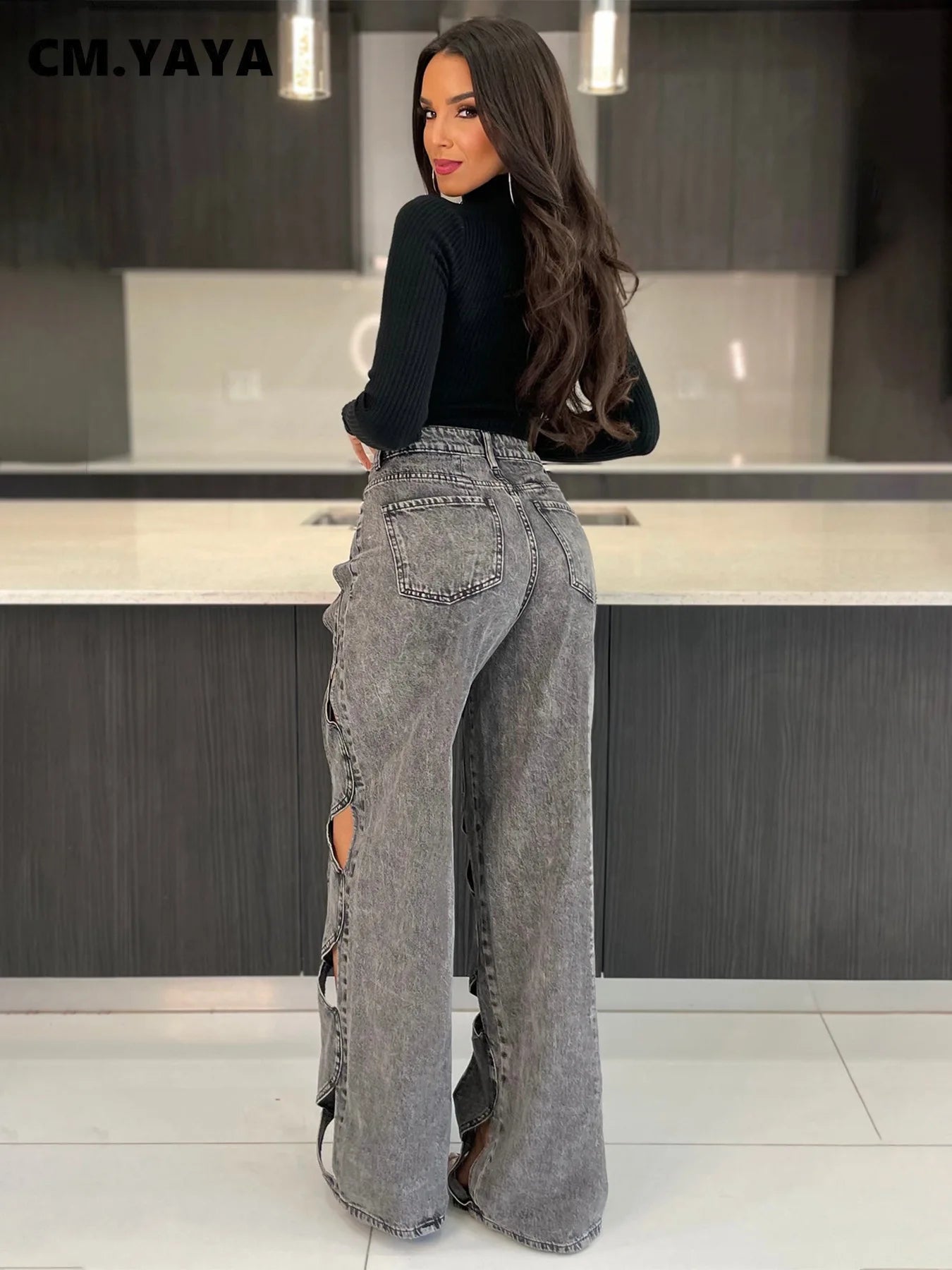 CM.YAYA Women Vintage Cutout Hollow Out Criss Cross Straight Denim Pants 2024 Fashion INS High Waist Wide Leg Jeans Trousers
