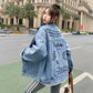 2024 Fashion Spring Female Graffiti Printing Harajuk Long Sleeve Loose Korean Jeans Jacket Pockets Single Breasted Solid A034