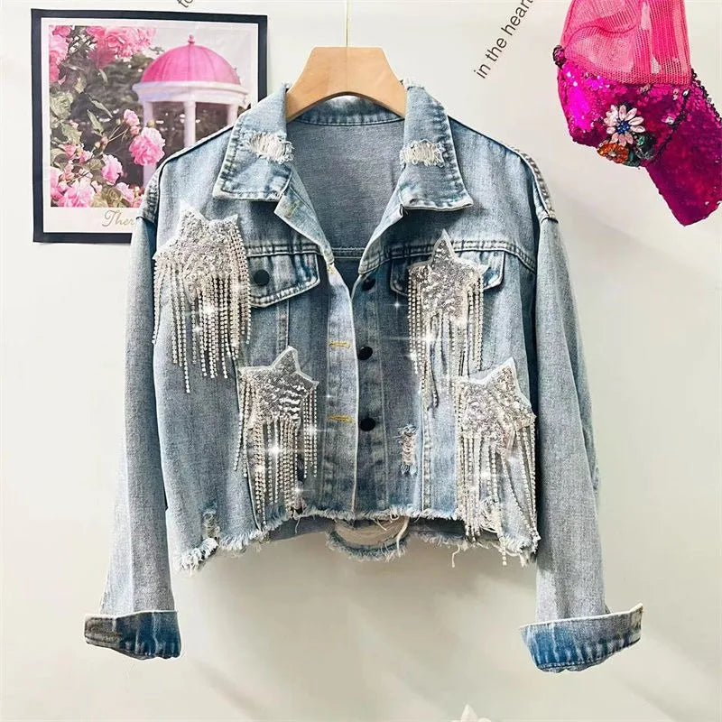 Luxury Autumn Rhinestones Fringed Jeans Jacket Sequined Stars Embroidery Tassels Demin Bomber Coat Loose Cardigan Tops Outwear