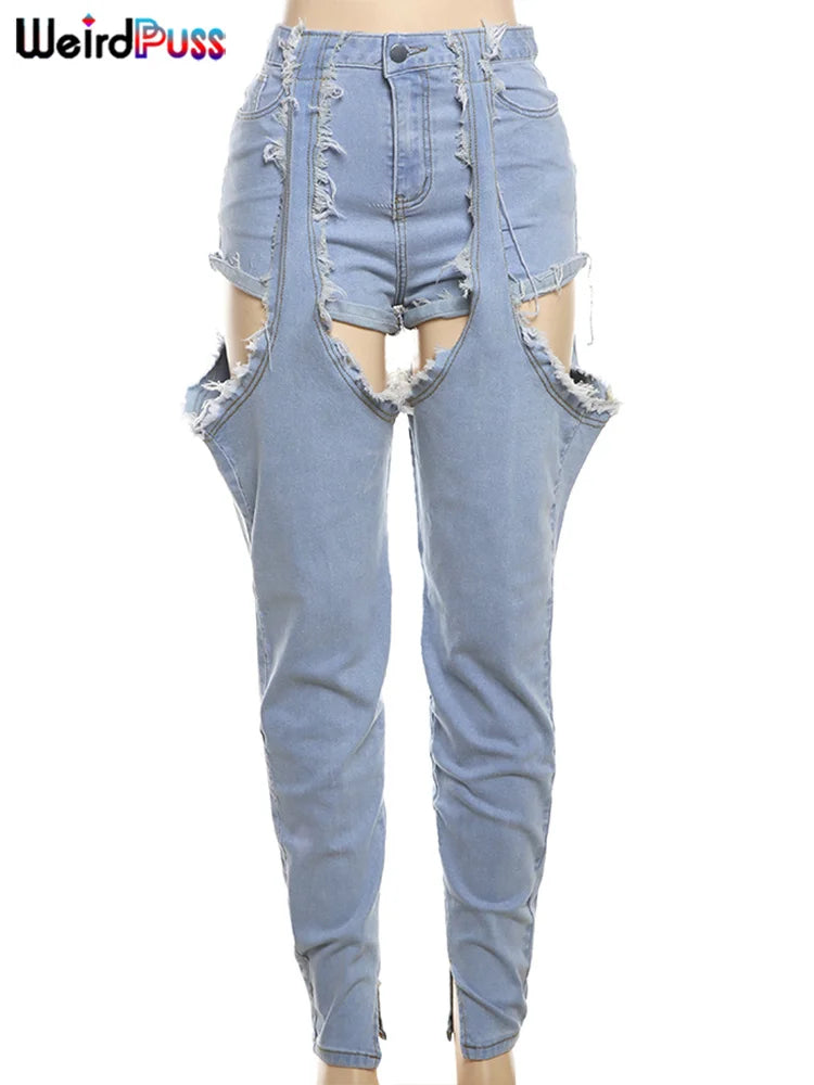 Weird Puss Ripped Denim Pants Women Hollow Hipster Summer Trend High-Waist Jeans Trousers Wild Streetwear Pocket Skinny Bottoms