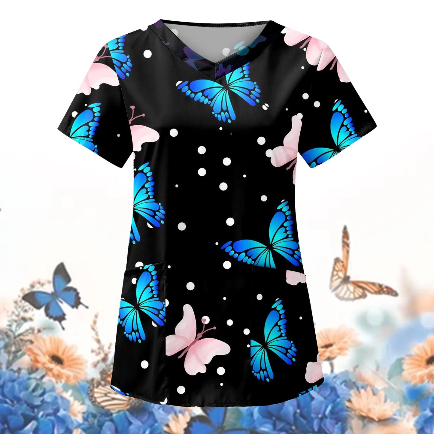 Healthcare Uniform Nurse Clinic Nursing Butterfly Workwear Hospital T-shirt Tops Short Sleeve Blouse Carer Working Women Medical