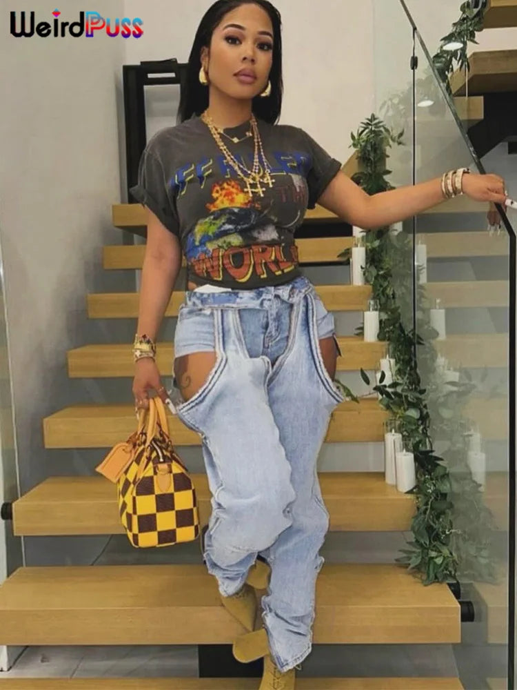 Weird Puss Ripped Denim Pants Women Hollow Hipster Summer Trend High-Waist Jeans Trousers Wild Streetwear Pocket Skinny Bottoms