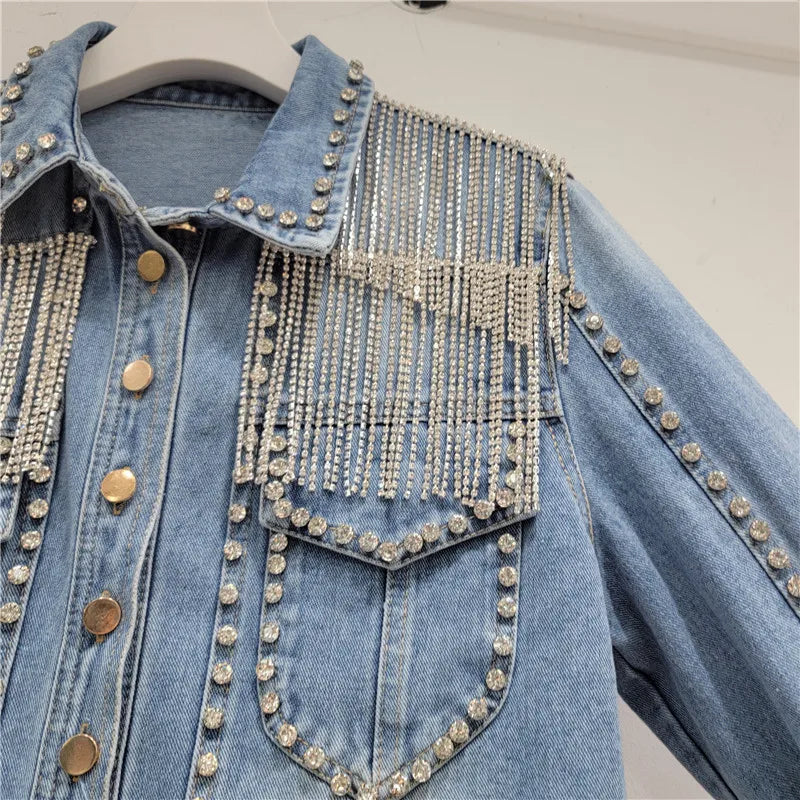 Spring Women Diamonds Beaded Tassels Denim Jacket Rivets Fringed Chain Jean Coat Rhinestone Bomber Cardigan Crystal Outwear Tops