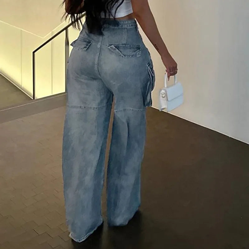 Women Jeans Cargo Pants Denim Washing High Waist Loose Fit Pockets Basics Full Length Pants Solid Color Slight Strech 2024