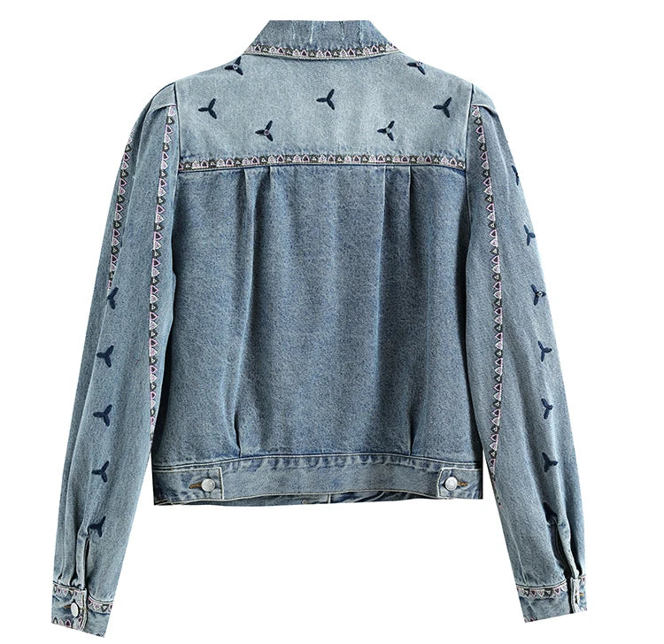 2023 Autumn Blue Flower Embroidery Denim Jacket Women Vintage Fashion Sweet Bubble Long Sleeve Jean Coat Ladies Outerwear Tops