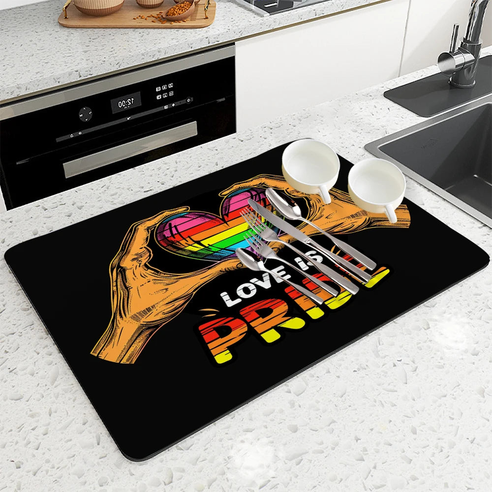 Large Kitchen Absorbent Mat Pride Month Love Antiskid Draining Coffee Dish Drying Mat Quick  Bathroom Drain Pad Tableware Mat