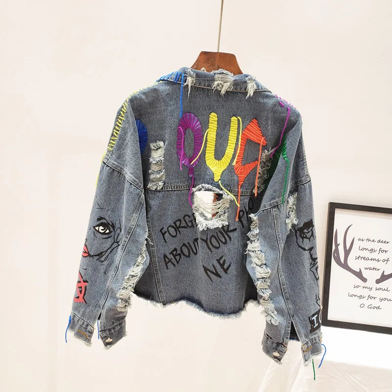 2024 Spring Autumn New Women Street Fashion Graffiti Denim Jacket Female Personality Short Raw Cut Rivet Jacket Fringe Jean Coat