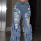Fashion Women's Jeans Tassel Holes Vitnage Feather High Waist Y2K Streetwear Casual Denim Pant Spring Skinny Hollow Out Trousers
