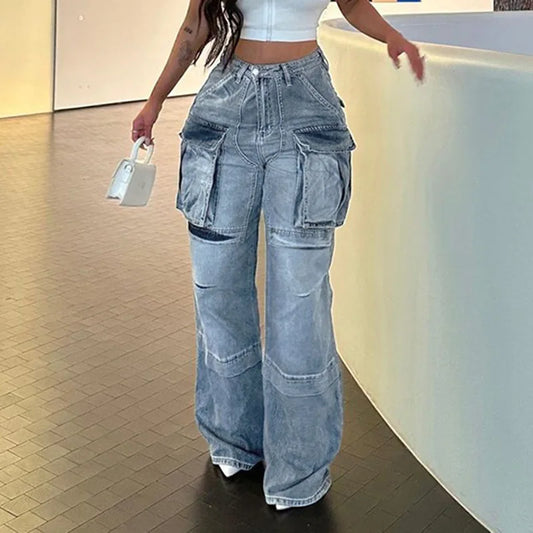 Women Jeans Cargo Pants Denim Washing High Waist Loose Fit Pockets Basics Full Length Pants Solid Color Slight Strech 2024