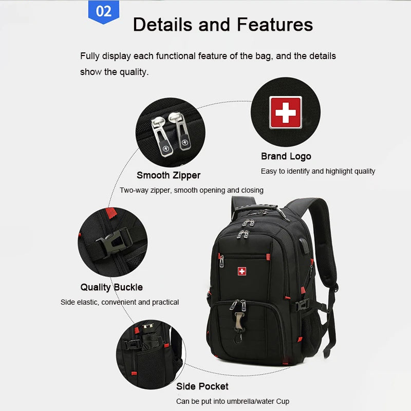 SWISS Classic Men Durable 17 Inch Laptop Backpack 80L Travel Bag College Bookbag USB Charging Waterproof Multifunctional Mochila