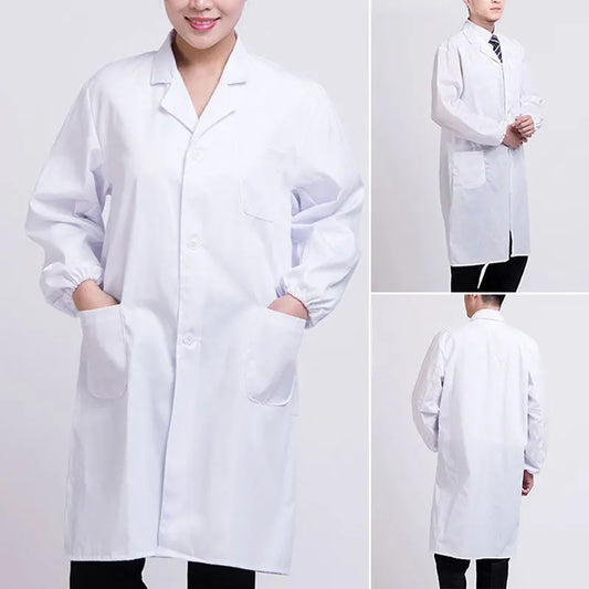 Women Men Unisex Long Sleeve White Lab Coat Notched Lapel Collar Button Down Medical Nurse Doctor Uniform Tunic Blouse