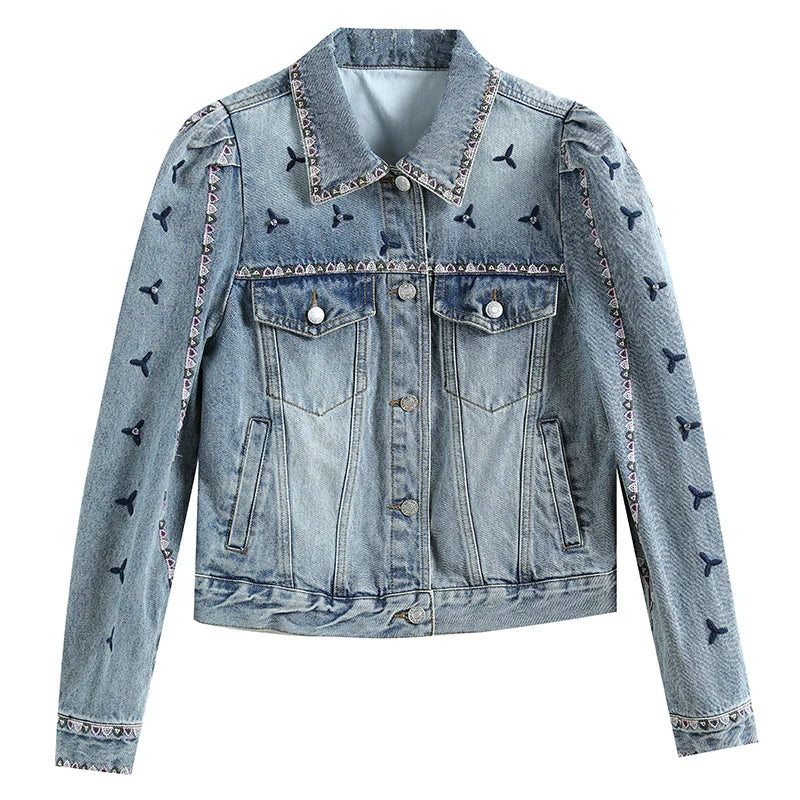 2023 Autumn Blue Flower Embroidery Denim Jacket Women Vintage Fashion Sweet Bubble Long Sleeve Jean Coat Ladies Outerwear Tops