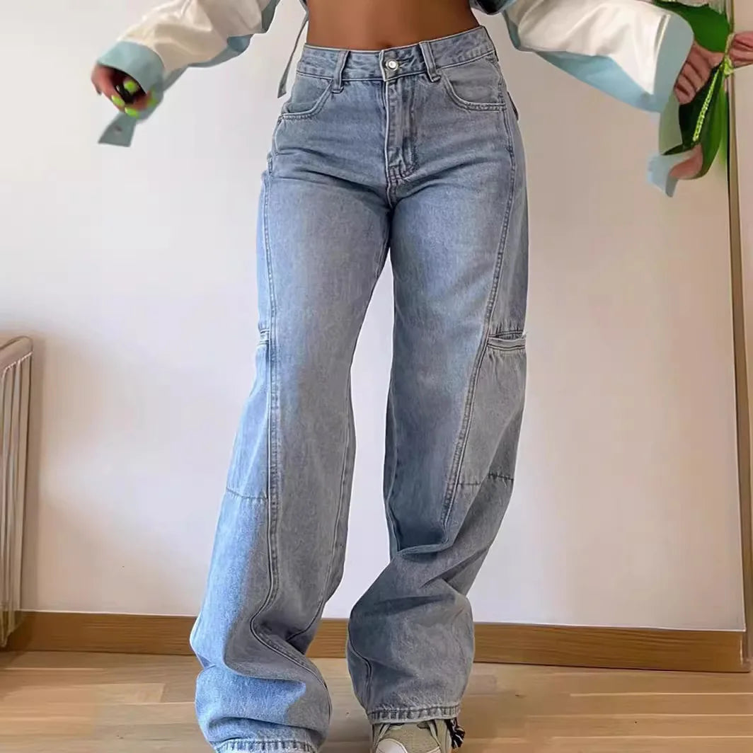 Spliced Wide Leg Denim Pants High Waist Jeans Women Ankle Length Jean Washed Loose Fit Pockets Zipper Fly Basics Solid 2024
