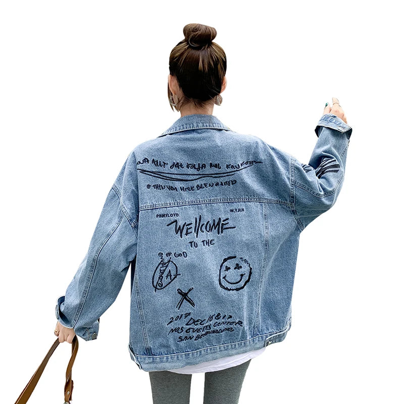 2024 Fashion Spring Female Graffiti Printing Harajuk Long Sleeve Loose Korean Jeans Jacket Pockets Single Breasted Solid A034