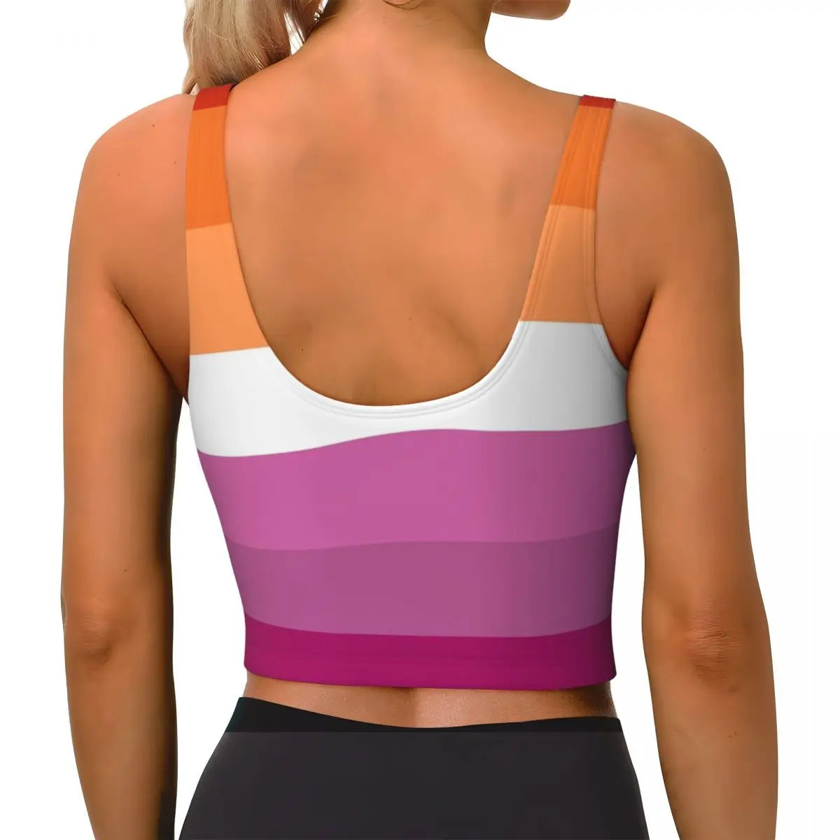 Custom Orange Magenta Lines Lesbian Pride Flag Workout Crop Tank Tops for Women LGBT Gay Pride Running Sports Bras