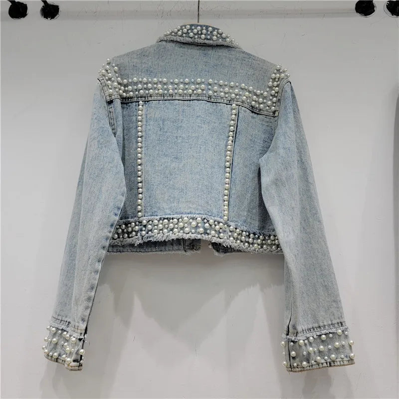 Heavy Work Beading Diamonds Denim Jacket Women Loose Short Cowboy Outerwear Vintage Blue Frayed Big Pocket Jeans Jacket Female