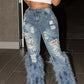 Fashion Women's Jeans Tassel Holes Vitnage Feather High Waist Y2K Streetwear Casual Denim Pant Spring Skinny Hollow Out Trousers