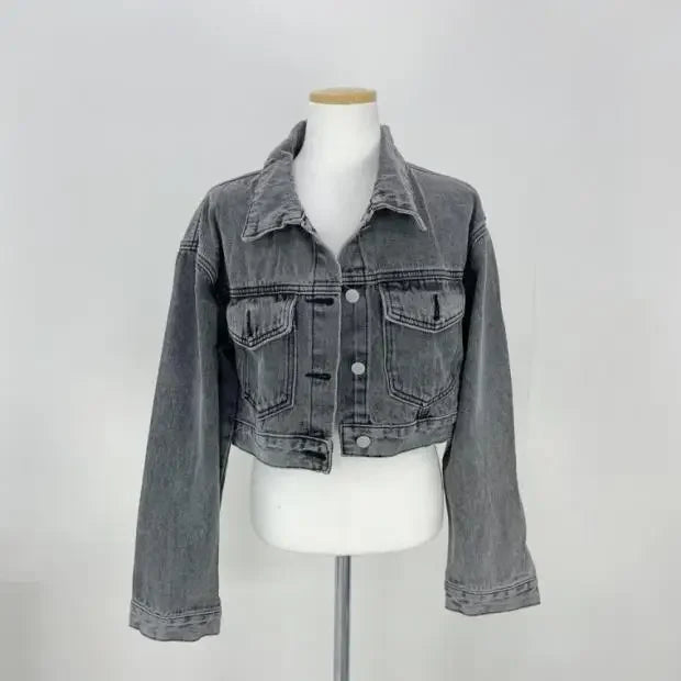 Syiwidii Denim Jacket for Women Loose Single Breasted Turn Down Collar Long Sleeve  Casual Vintage Korean Crop Coat E134