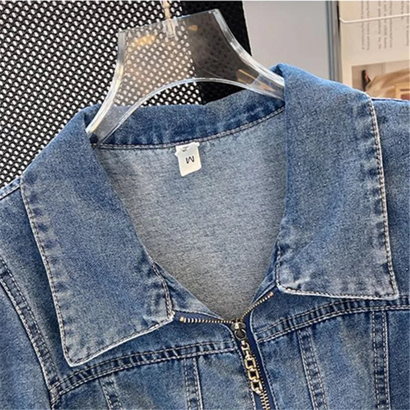 Short Sleeved Denim Jacket for Women Summer Thin Fashion Zip Turndown Collar Casual Shirt 2024 New Puff Sleeve Loose Jeans Tops