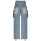 Women Jeans Cargo Pants Denim Washing High Waist Loose Fit Pockets Basics Full Length Pants Solid Color Slight Strech 2024