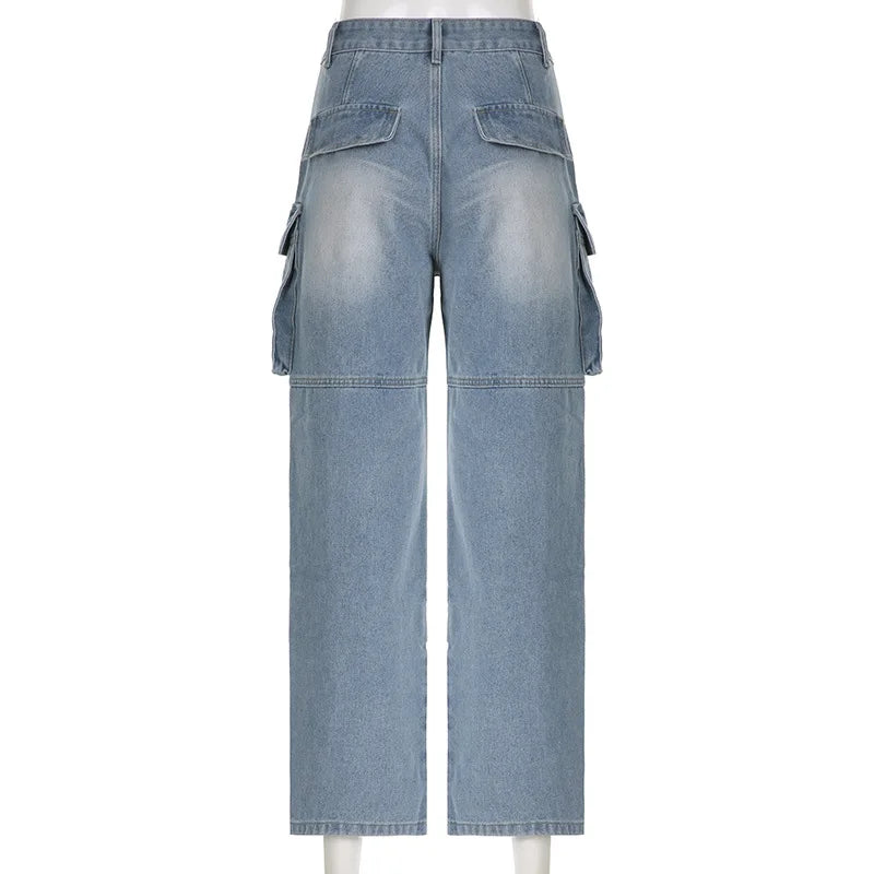 Women Jeans Cargo Pants Denim Washing High Waist Loose Fit Pockets Basics Full Length Pants Solid Color Slight Strech 2024