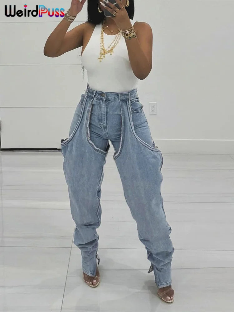 Weird Puss Ripped Denim Pants Women Hollow Hipster Summer Trend High-Waist Jeans Trousers Wild Streetwear Pocket Skinny Bottoms