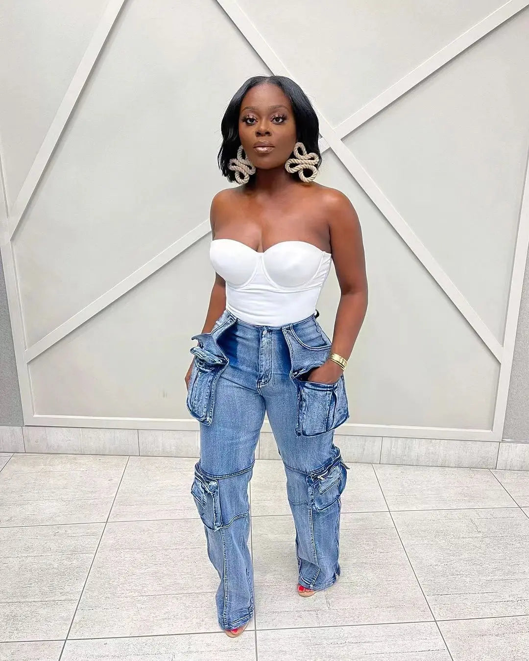 Vintage Washed Distressed Women Jeans Ankle Length Spliced Cargo Pants Denim Pockets High Waist Streetwear Loose Fit 2024