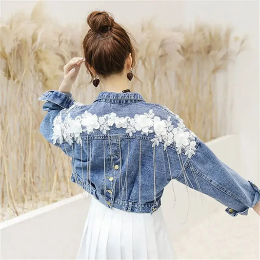 Patchwork Graphic Blue with Print Crop Woman Jean Coat Spring Autumn Short Outerwear Fringe Small Denim Jacket for Women Luxury