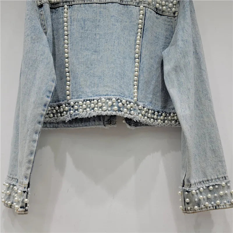 Heavy Work Beading Diamonds Denim Jacket Women Loose Short Cowboy Outerwear Vintage Blue Frayed Big Pocket Jeans Jacket Female